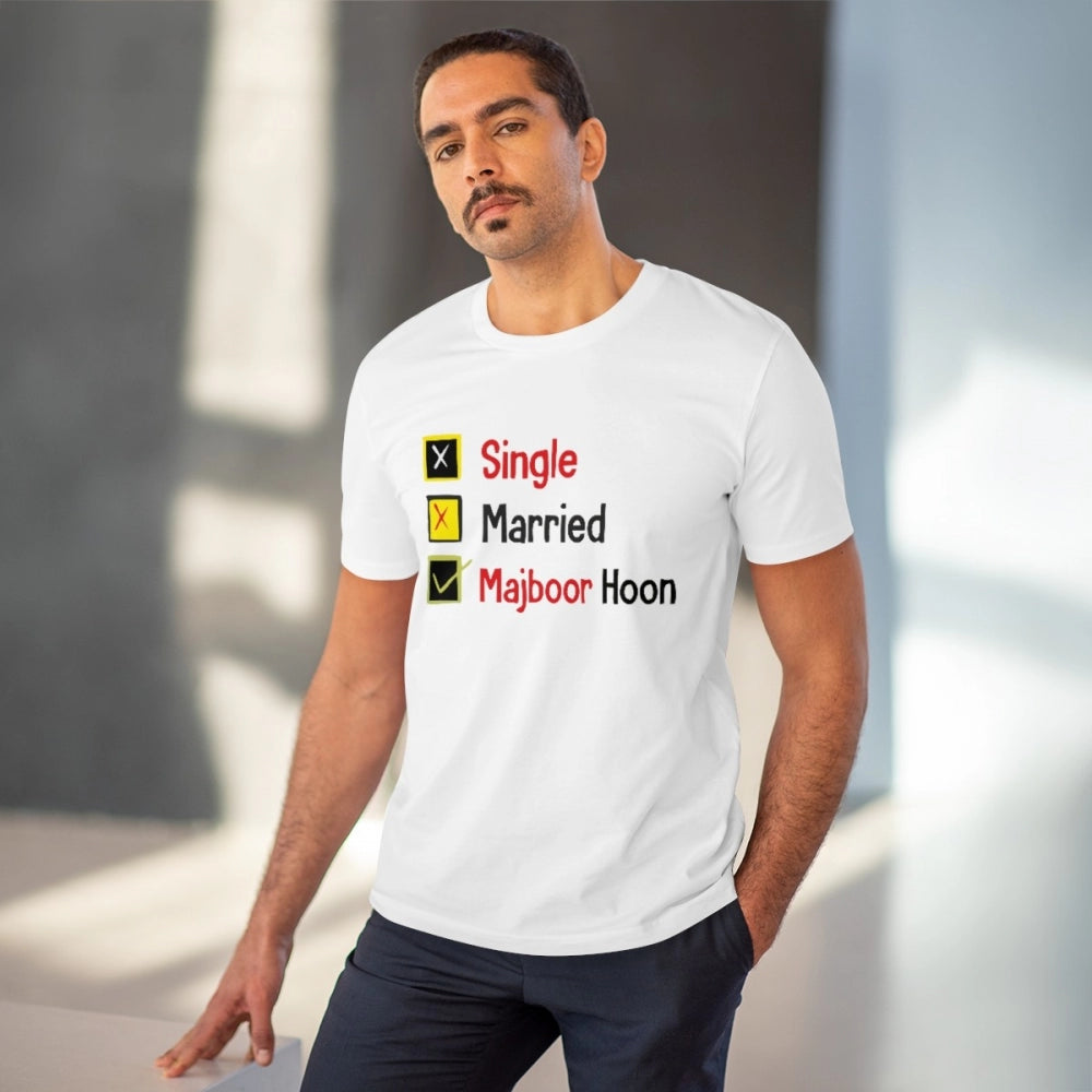 HamariDookan Men's PC Cotton Single Married Majbur Printed T Shirt (Color: White, Thread Count: 180GSM)