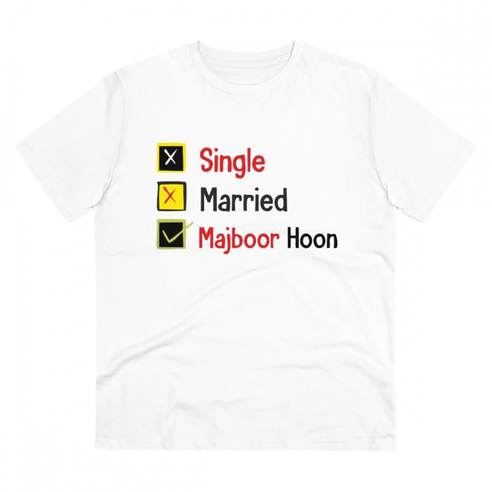 HamariDookan Men's PC Cotton Single Married Majbur Printed T Shirt (Color: White, Thread Count: 180GSM)