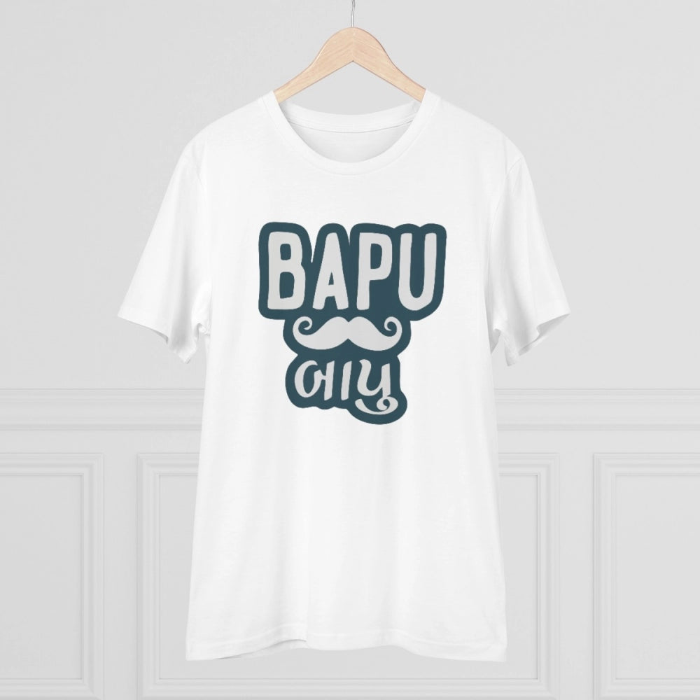 HamariDookan Men's PC Cotton Baapu Printed T Shirt (Color: White, Thread Count: 180GSM)