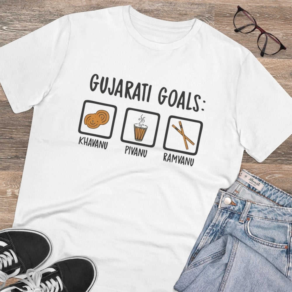 HamariDookan Men's PC Cotton Gujarati Goals Printed T Shirt (Color: White, Thread Count: 180GSM)