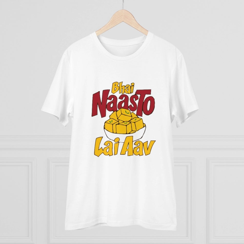HamariDookan Men's PC Cotton Bhai Nasto Lai Aav Printed T Shirt (Color: White, Thread Count: 180GSM)