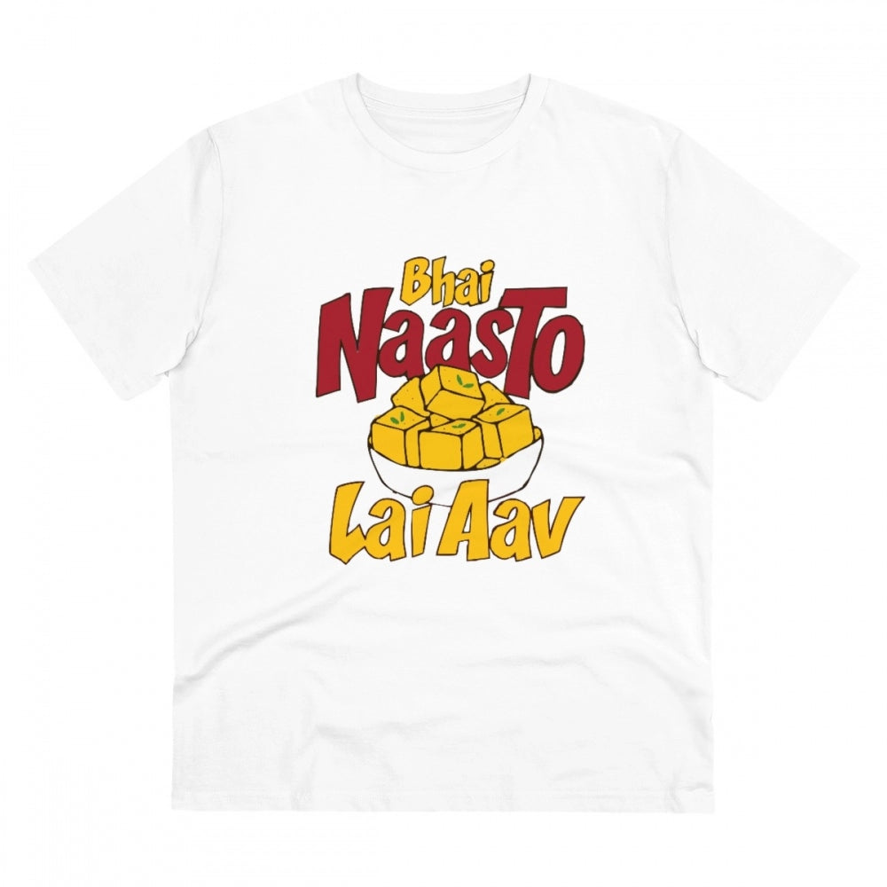 HamariDookan Men's PC Cotton Bhai Nasto Lai Aav Printed T Shirt (Color: White, Thread Count: 180GSM)