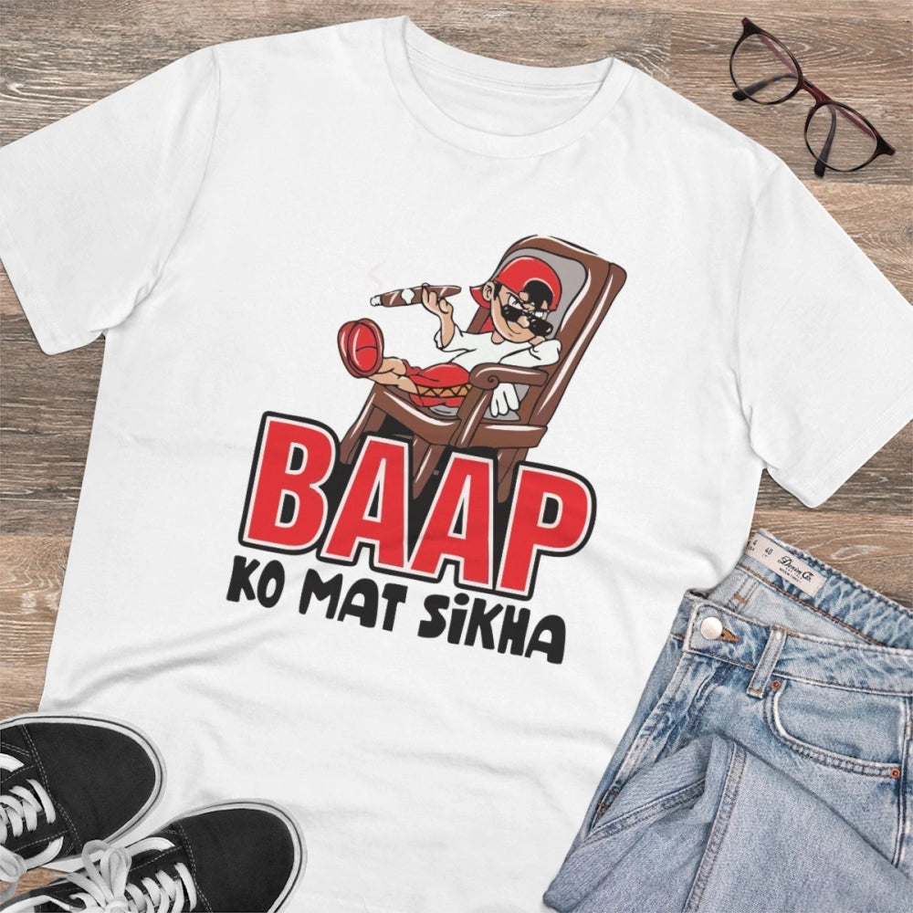 HamariDookan Men's PC Cotton Baap Ko Mat Sikha Printed T Shirt (Color: White, Thread Count: 180GSM)