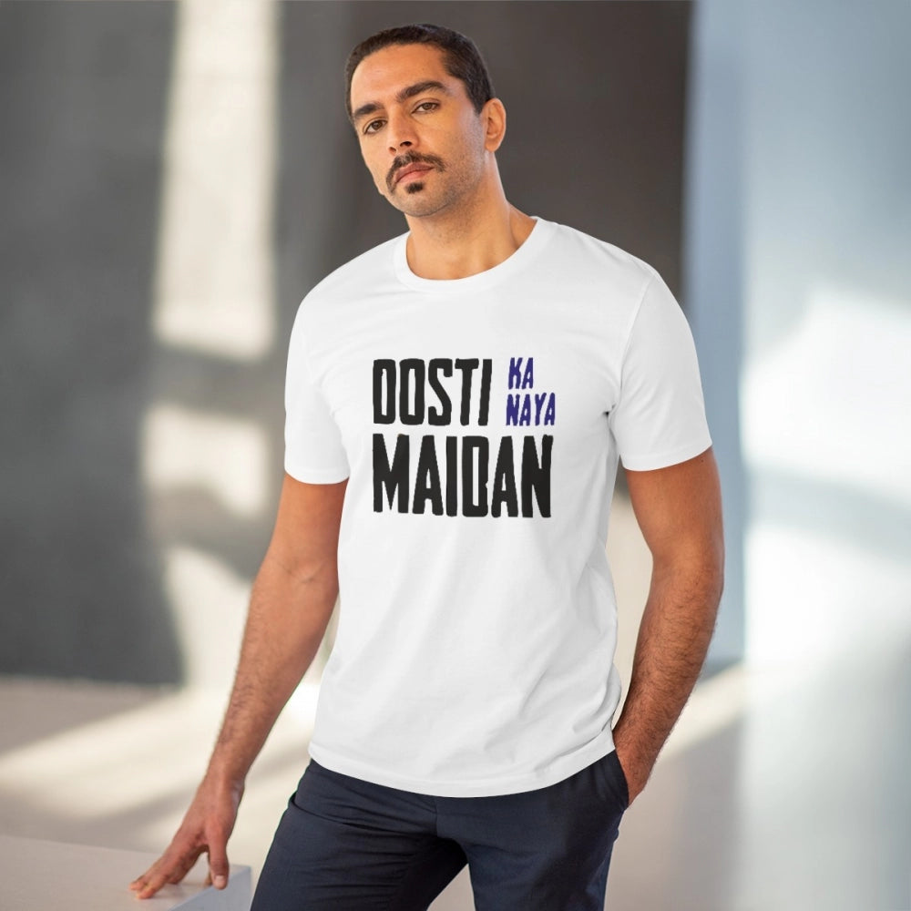 HamariDookan Men's PC Cotton Dosti Ka Naya Maidan Printed T Shirt (Color: White, Thread Count: 180GSM)