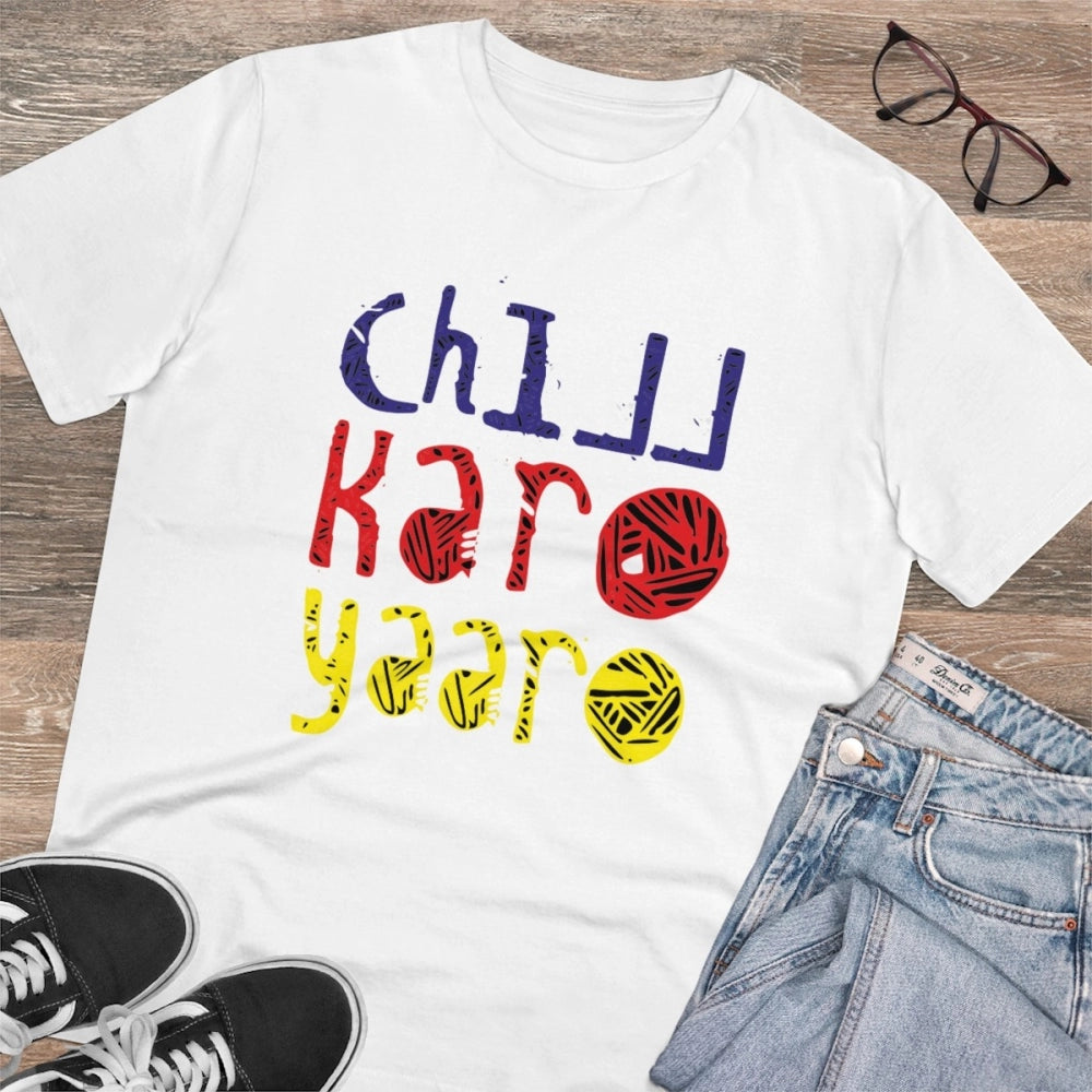 HamariDookan Men's PC Cotton Chil Karo Yaar Printed T Shirt (Color: White, Thread Count: 180GSM)