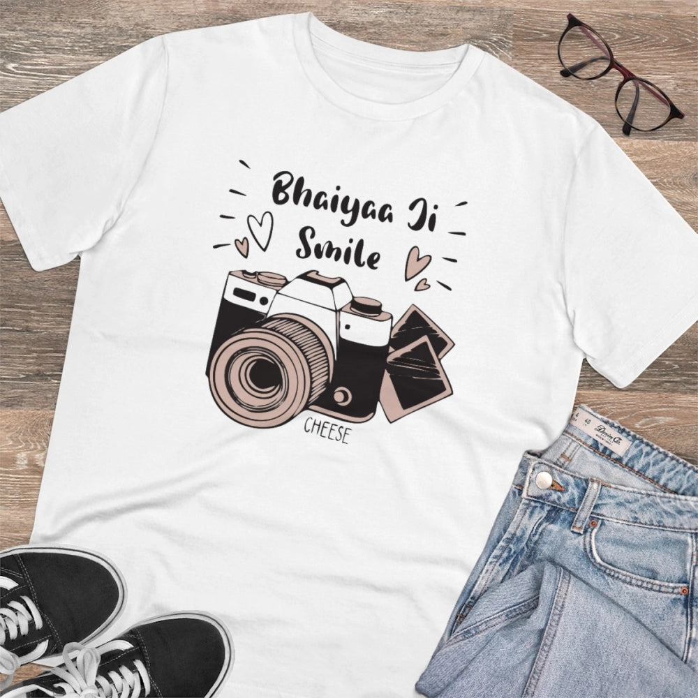 HamariDookan Men's PC Cotton Bhaiya Ji Smile Printed T Shirt (Color: White, Thread Count: 180GSM)