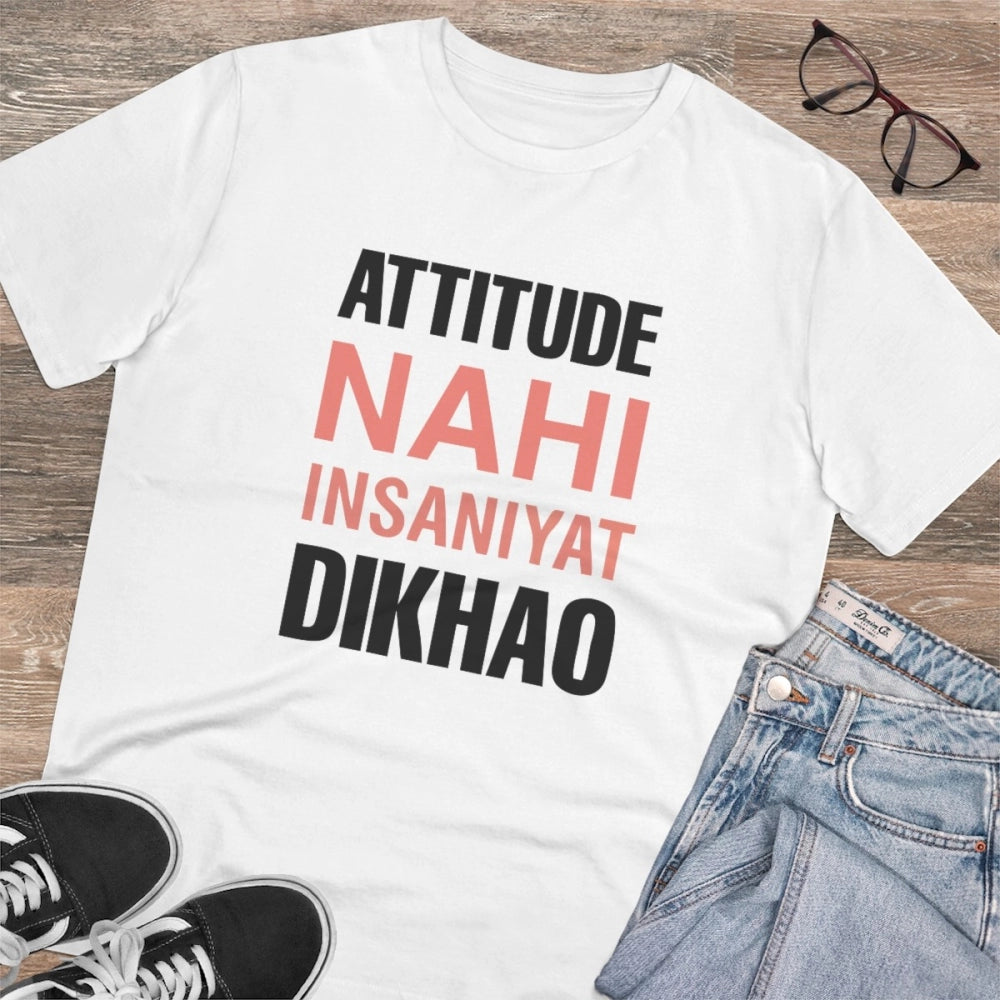 HamariDookan Men's PC Cotton Attitude Nahi Insaniyat Dikhao Printed T Shirt (Color: White, Thread Count: 180GSM)