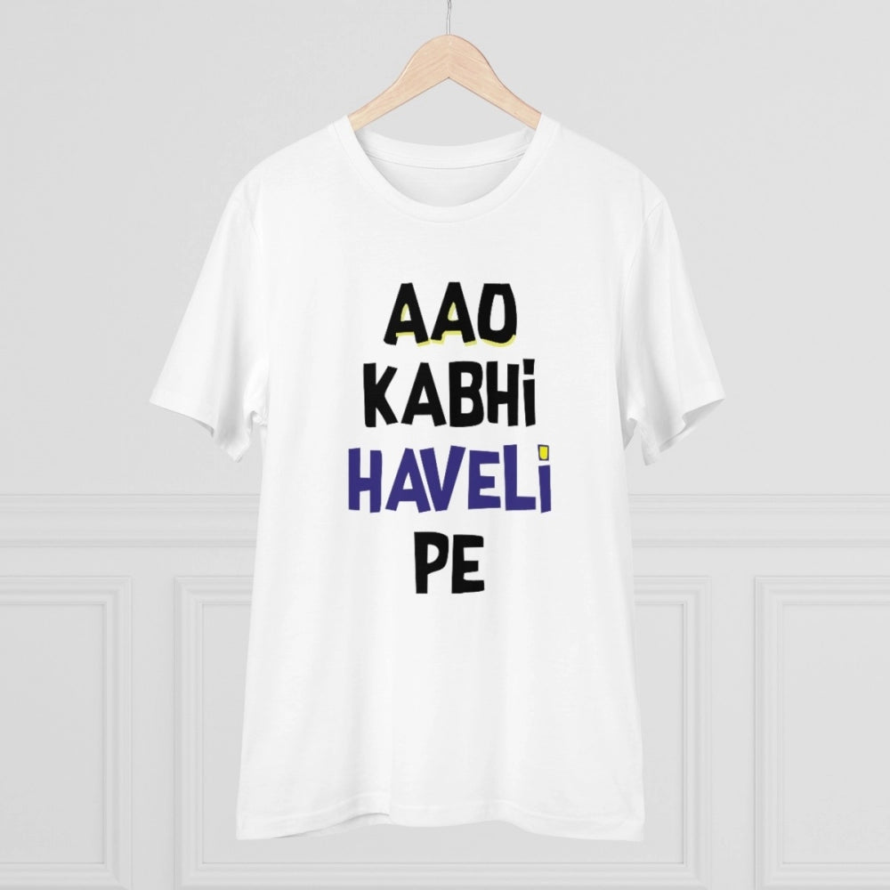 HamariDookan Men's PC Cotton Aao Kabhi Haveli Pe Printed T Shirt (Color: White, Thread Count: 180GSM)