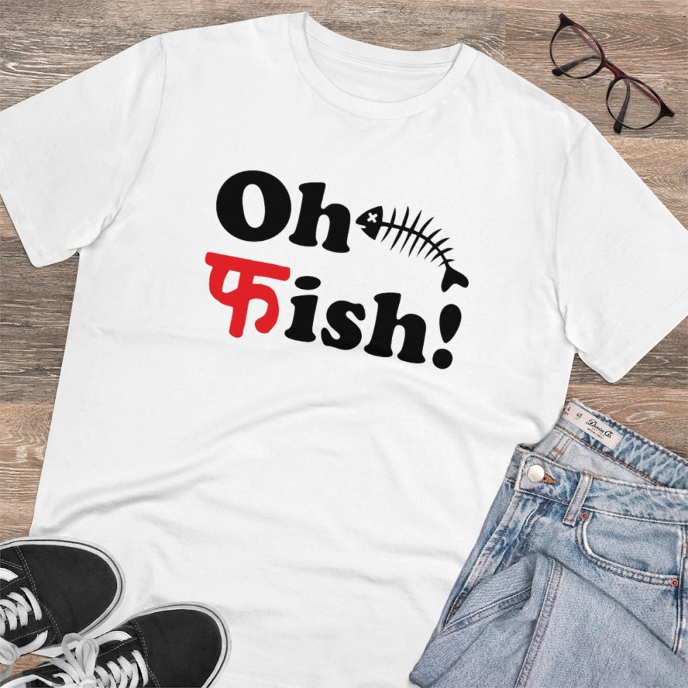 HamariDookan Men's PC Cotton Oh Fish Printed T Shirt (Color: White, Thread Count: 180GSM)