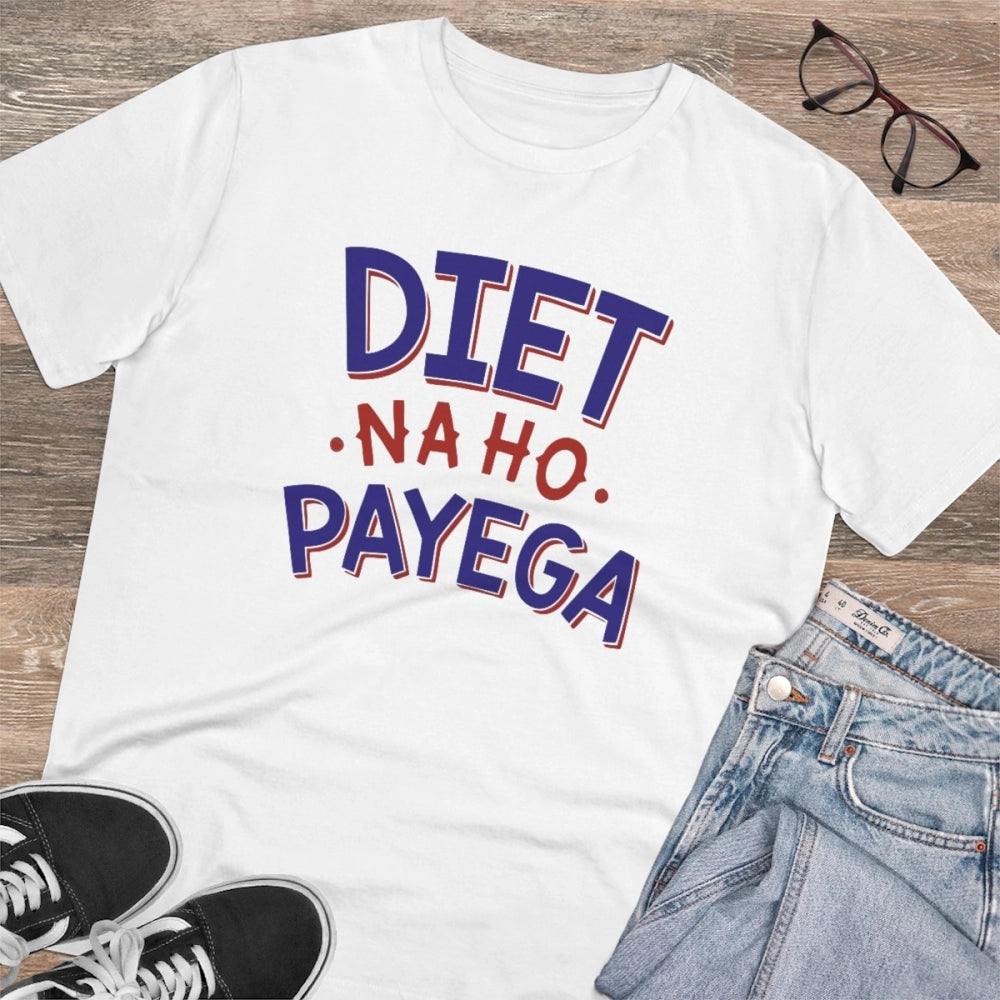 HamariDookan Men's PC Cotton Diet Na Ho Payega Printed T Shirt (Color: White, Thread Count: 180GSM)