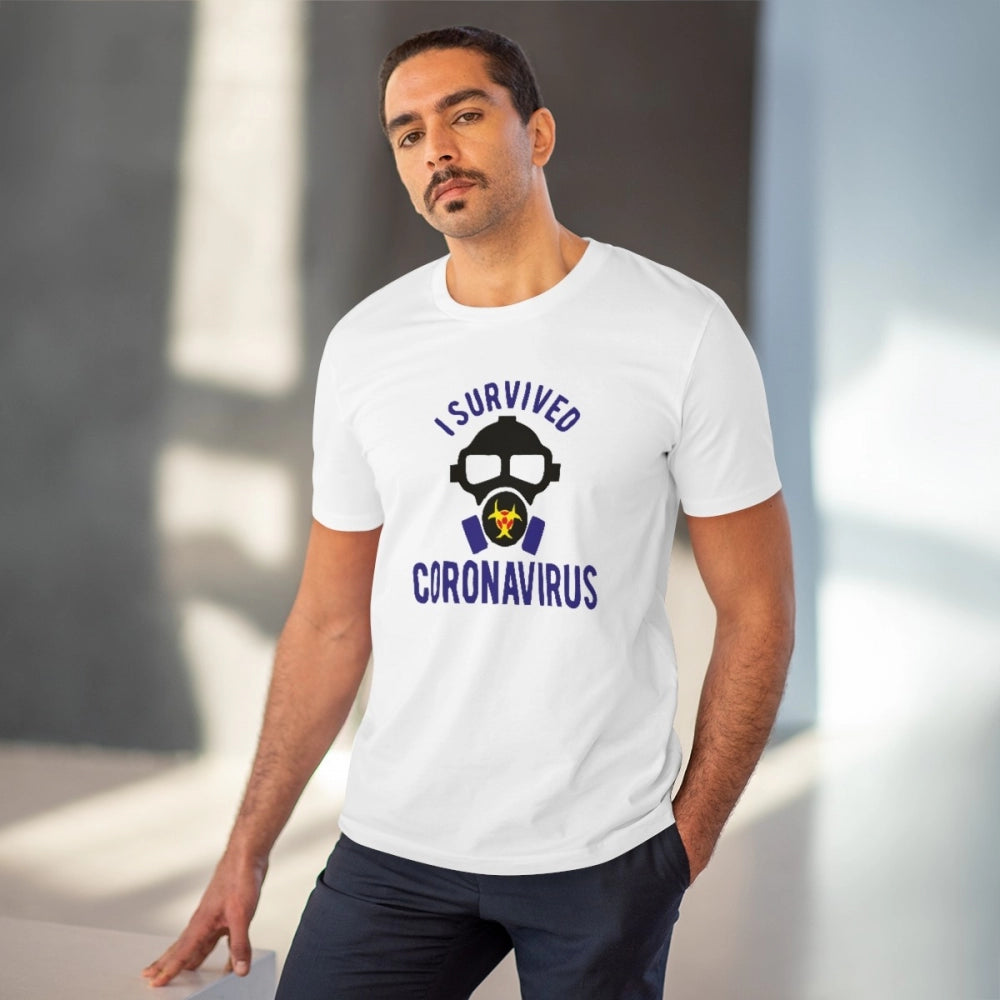 HamariDookan Men's PC Cotton I Survived Coronavirus Printed T Shirt (Color: White, Thread Count: 180GSM)