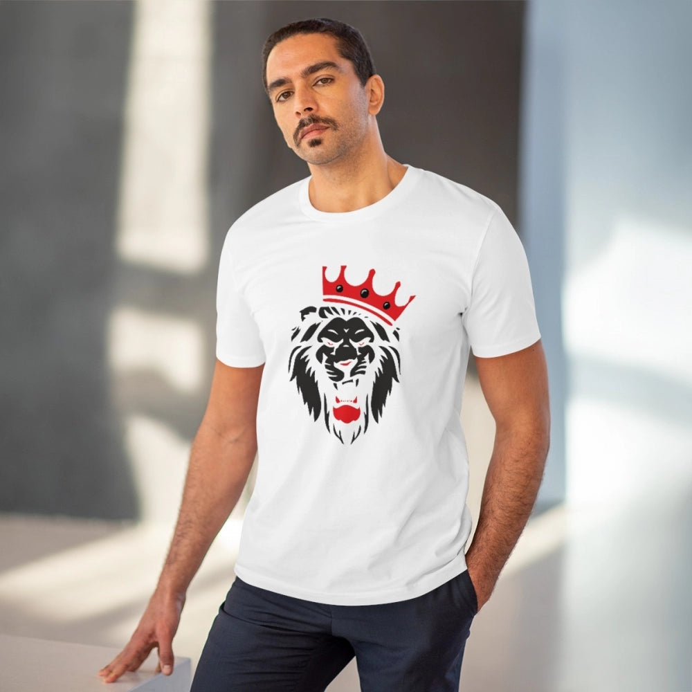 HamariDookan Men's PC Cotton Lion Logo Printed T Shirt (Color: White, Thread Count: 180GSM)