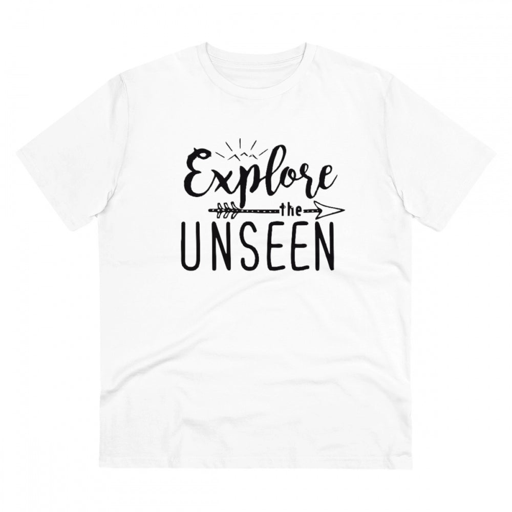 HamariDookan Men's PC Cotton Explore The Unseen Printed T Shirt (Color: White, Thread Count: 180GSM)