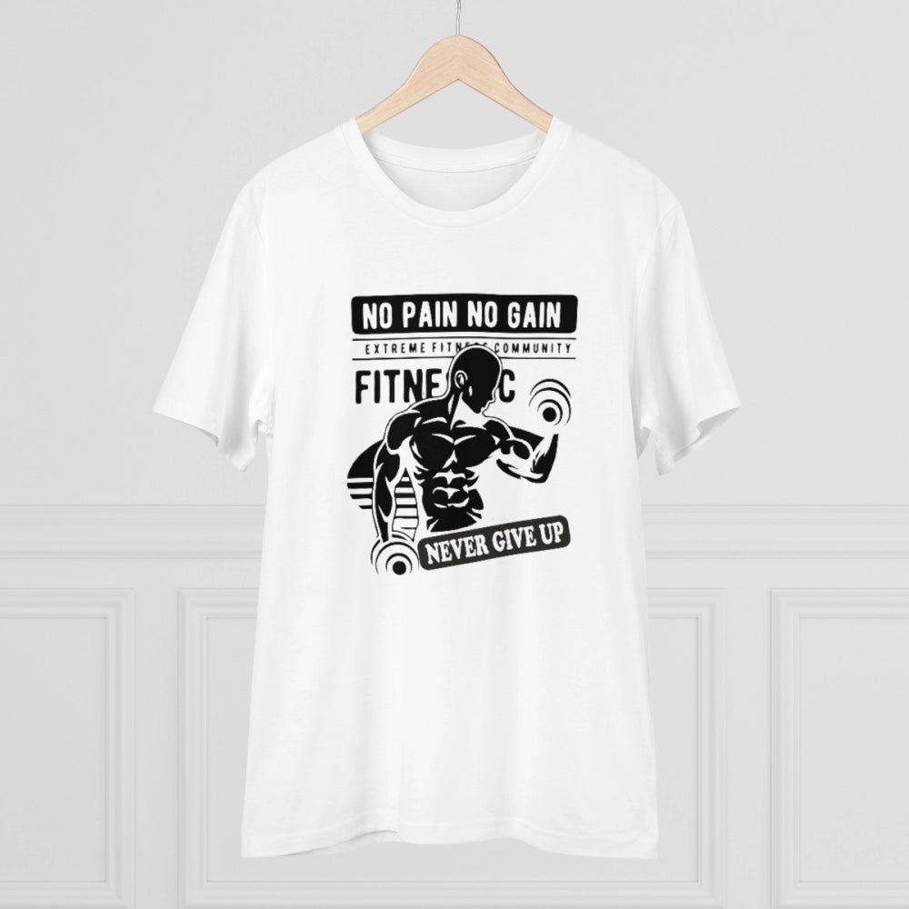 HamariDookan Men's PC Cotton Gym No Pain No Gain Never Give Up Printed T Shirt (Color: White, Thread Count: 180GSM)