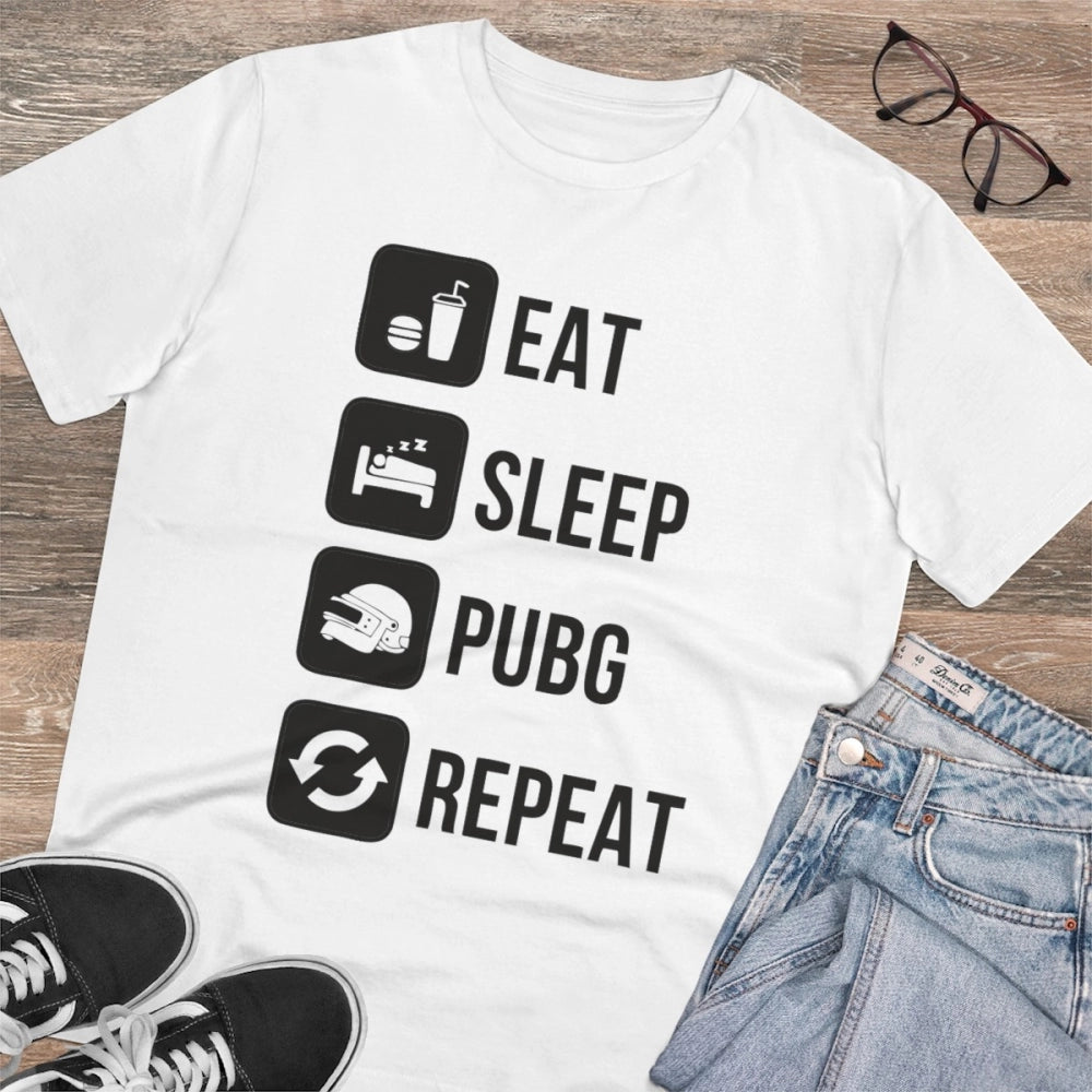 HamariDookan Men's PC Cotton Eat Sleep Pubg Repeat Printed T Shirt (Color: White, Thread Count: 180GSM)