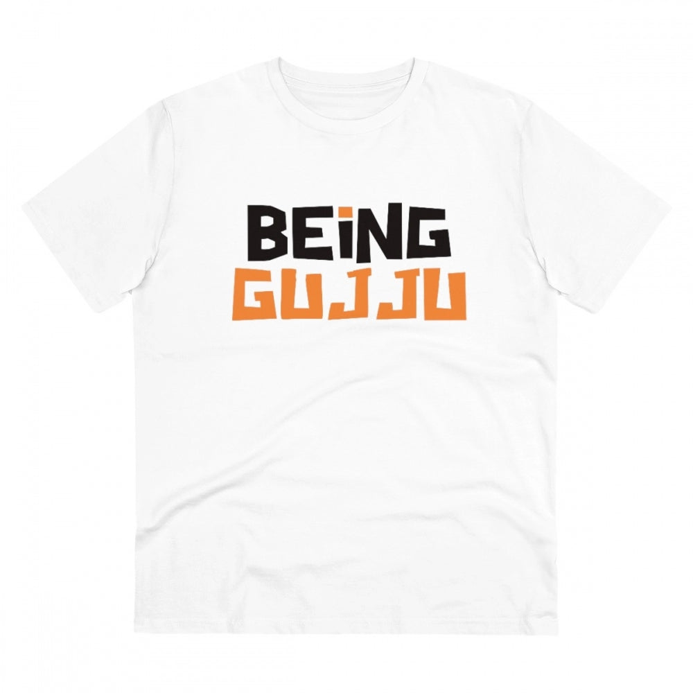 HamariDookan Men's PC Cotton Being Gujju Printed T Shirt (Color: White, Thread Count: 180GSM)