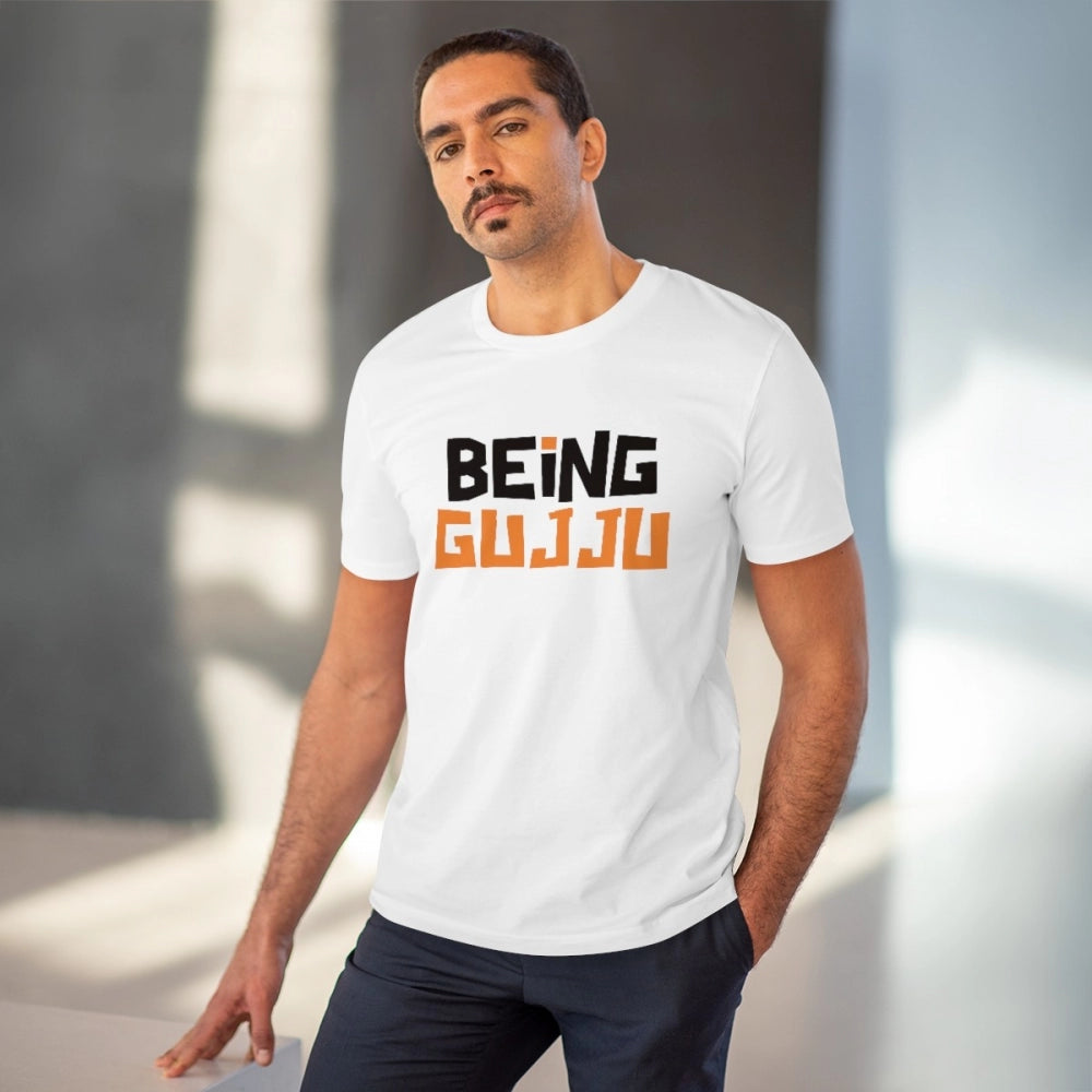HamariDookan Men's PC Cotton Being Gujju Printed T Shirt (Color: White, Thread Count: 180GSM)
