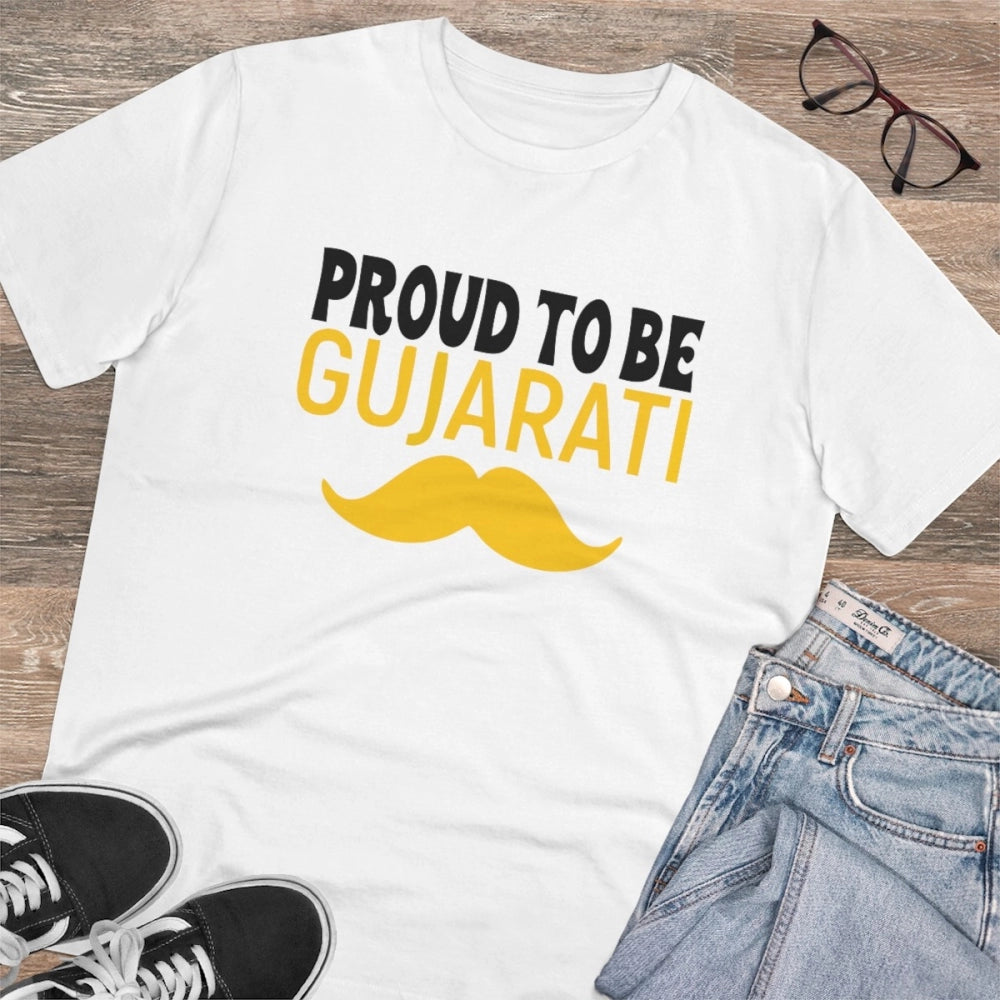 HamariDookan Men's PC Cotton Proud To Be Gujarati Printed T Shirt (Color: White, Thread Count: 180GSM)