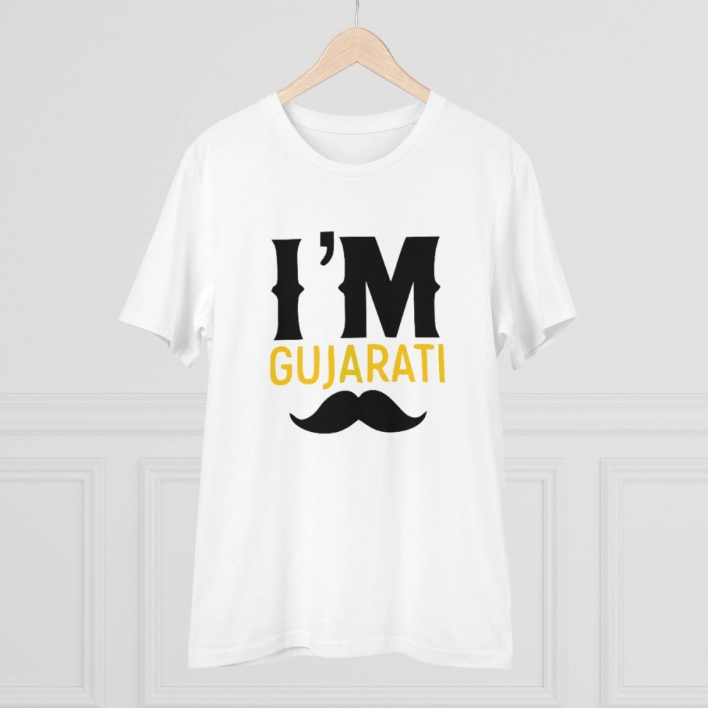 HamariDookan Men's PC Cotton I Am Gujarati Printed T Shirt (Color: White, Thread Count: 180GSM)