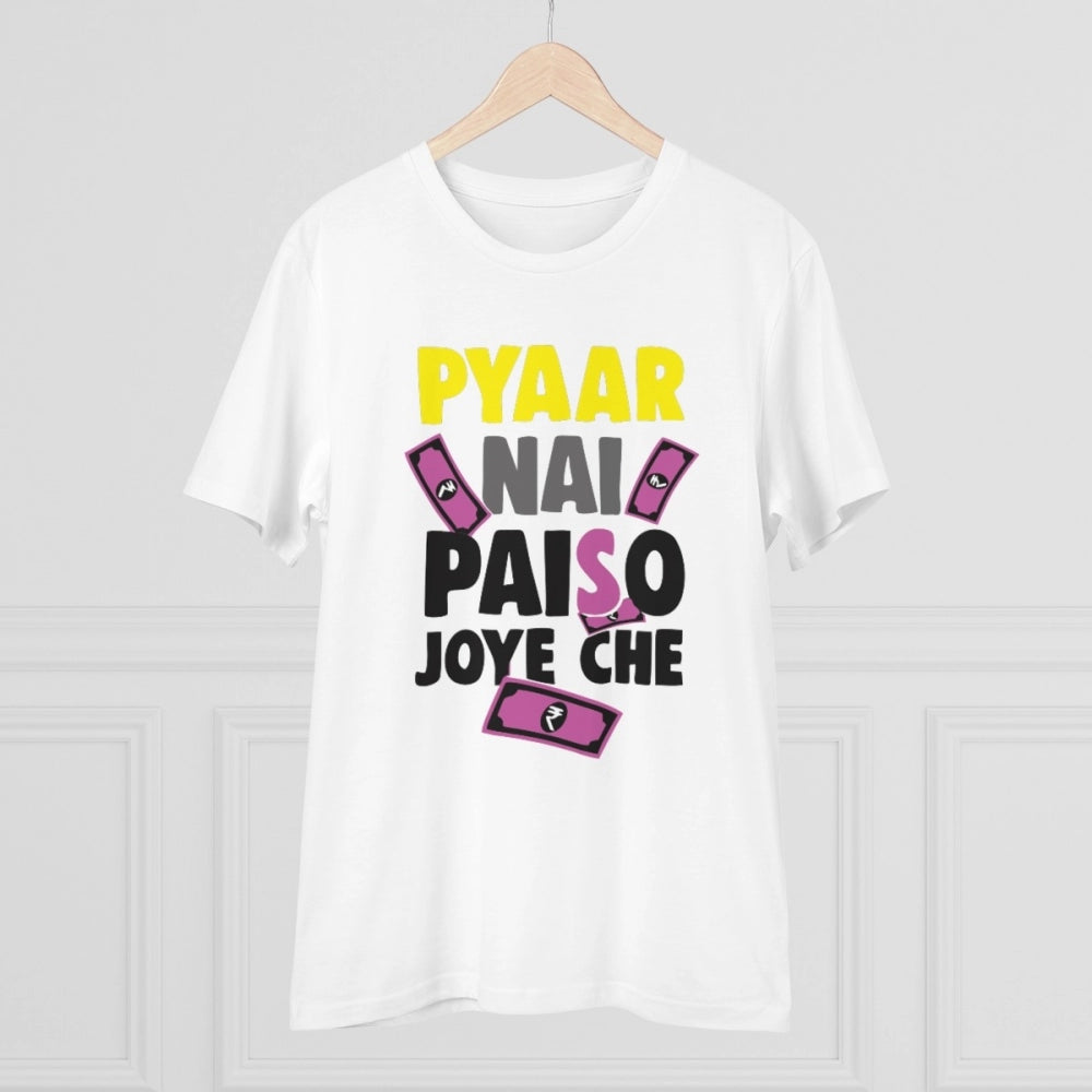 HamariDookan Men's PC Cotton Pyaar Nay Paisa Joy Che Printed T Shirt (Color: White, Thread Count: 180GSM)