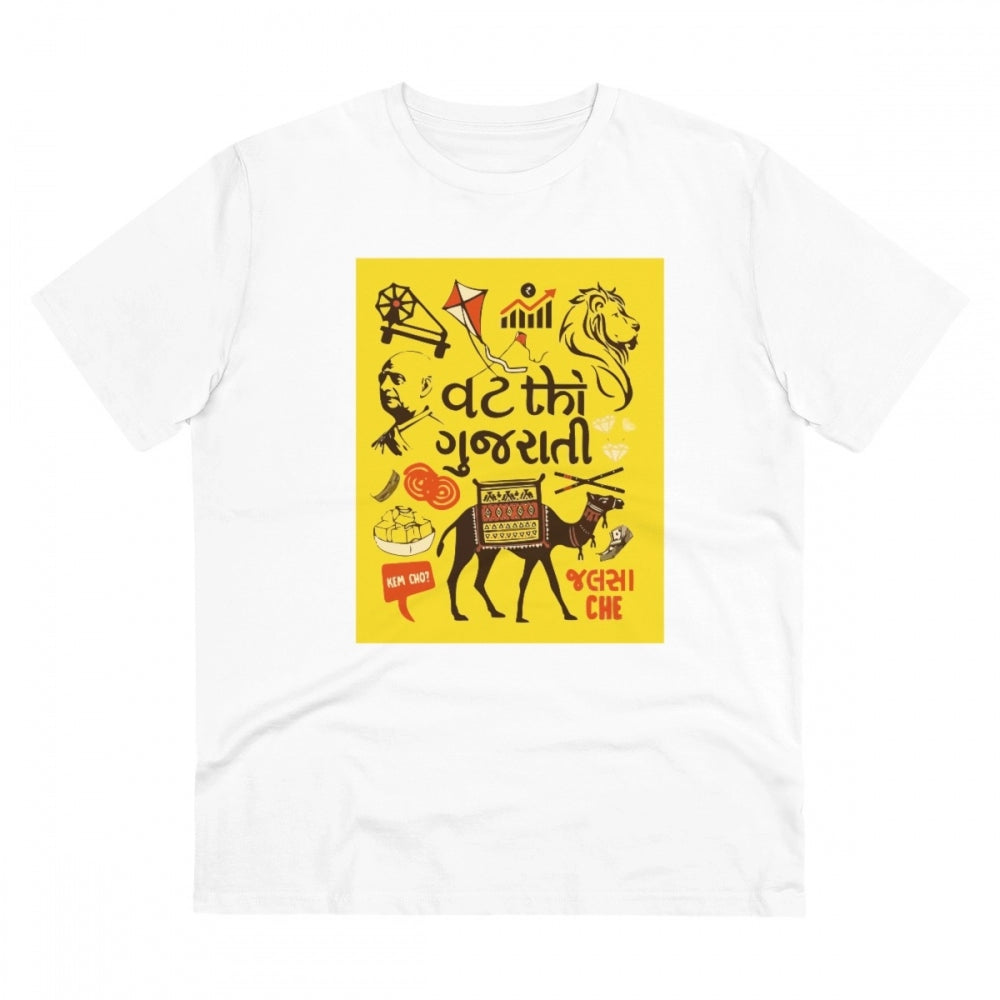 HamariDookan Men's PC Cotton Vat Thi Gujarati Printed T Shirt (Color: White, Thread Count: 180GSM)