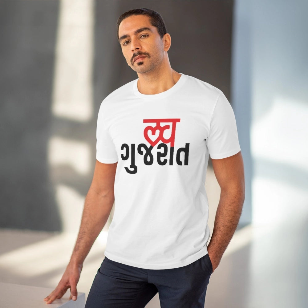 HamariDookan Men's PC Cotton Love Gujarati Printed T Shirt (Color: White, Thread Count: 180GSM)