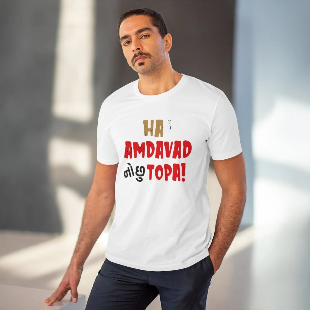 HamariDookan Men's PC Cotton Ha Amdavad No Chu Topa Printed T Shirt (Color: White, Thread Count: 180GSM)