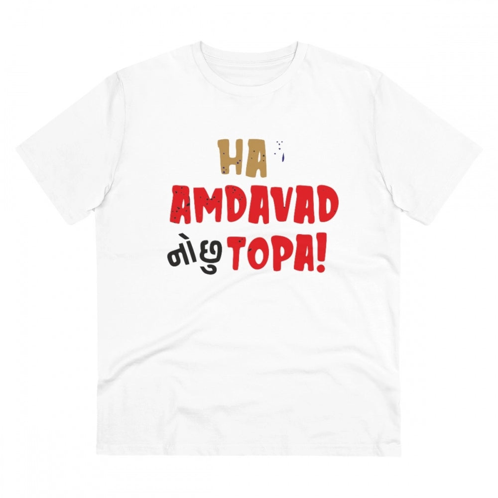 HamariDookan Men's PC Cotton Ha Amdavad No Chu Topa Printed T Shirt (Color: White, Thread Count: 180GSM)
