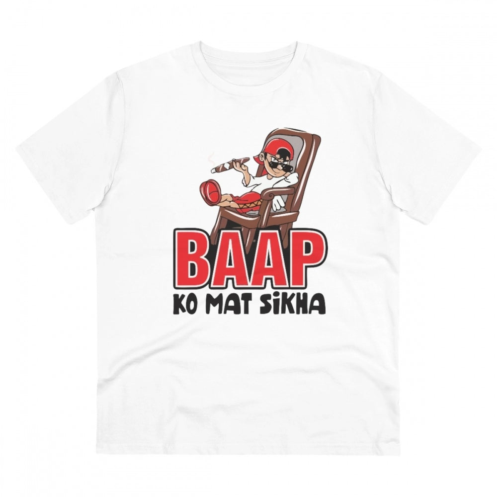 HamariDookan Men's PC Cotton Baap Ko Mat Sikha Printed T Shirt (Color: White, Thread Count: 180GSM)