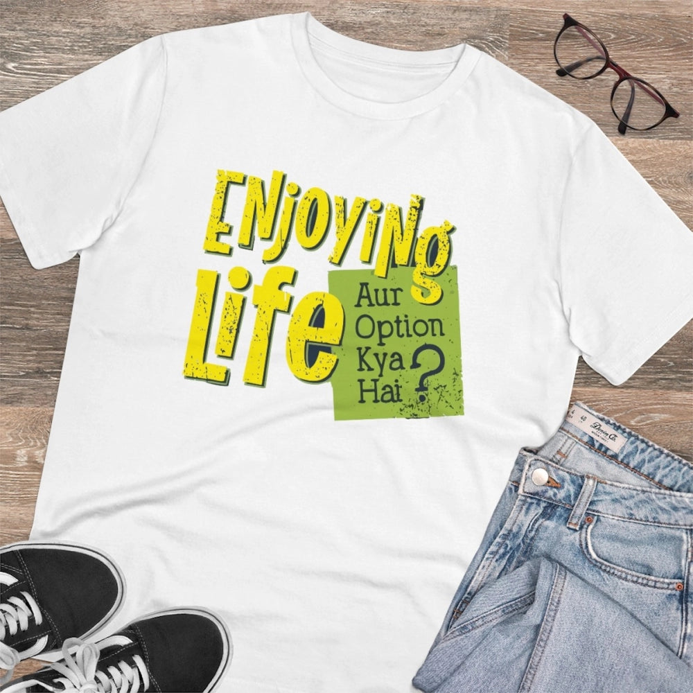 HamariDookan Men's PC Cotton Enjoying Life Printed T Shirt (Color: White, Thread Count: 180GSM)