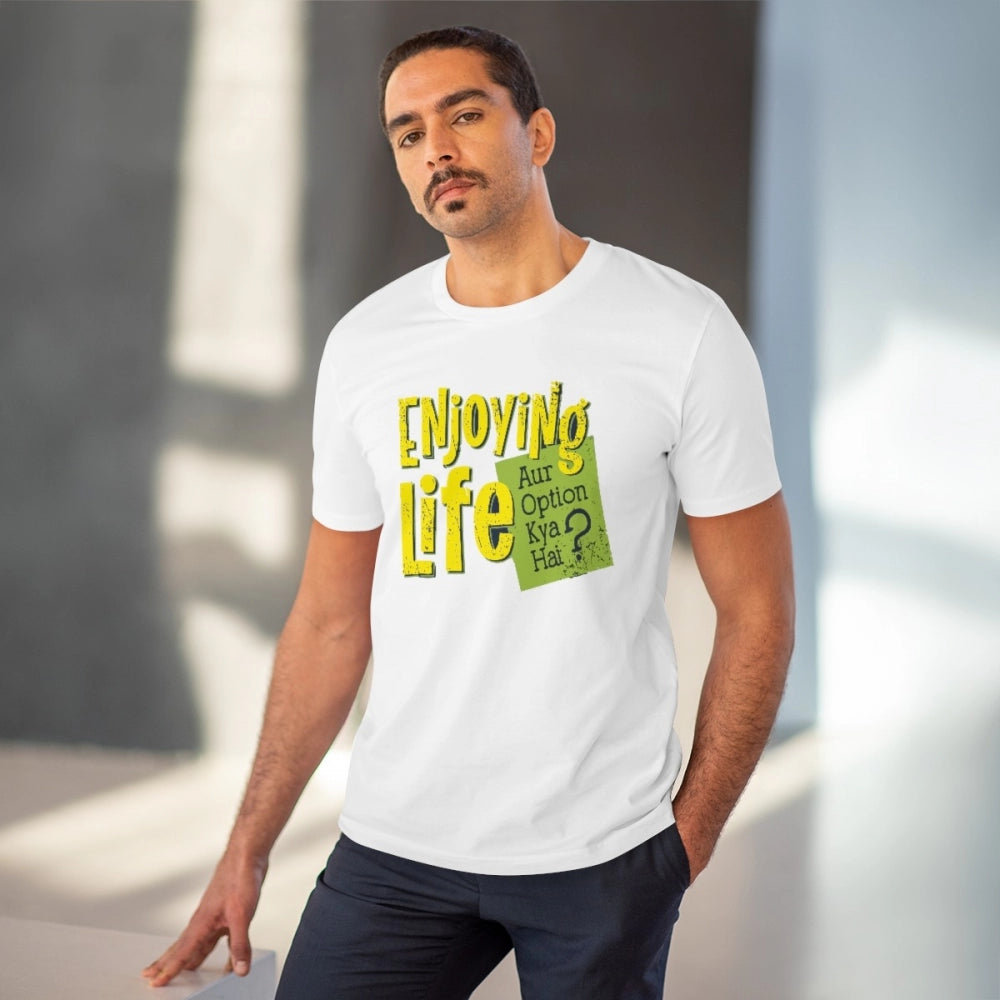 HamariDookan Men's PC Cotton Enjoying Life Printed T Shirt (Color: White, Thread Count: 180GSM)