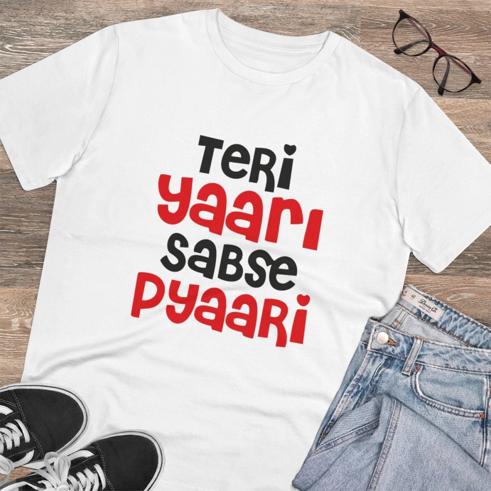 HamariDookan Men's PC Cotton Teri Yaari Sabse Pyaari Printed T Shirt (Color: White, Thread Count: 180GSM)