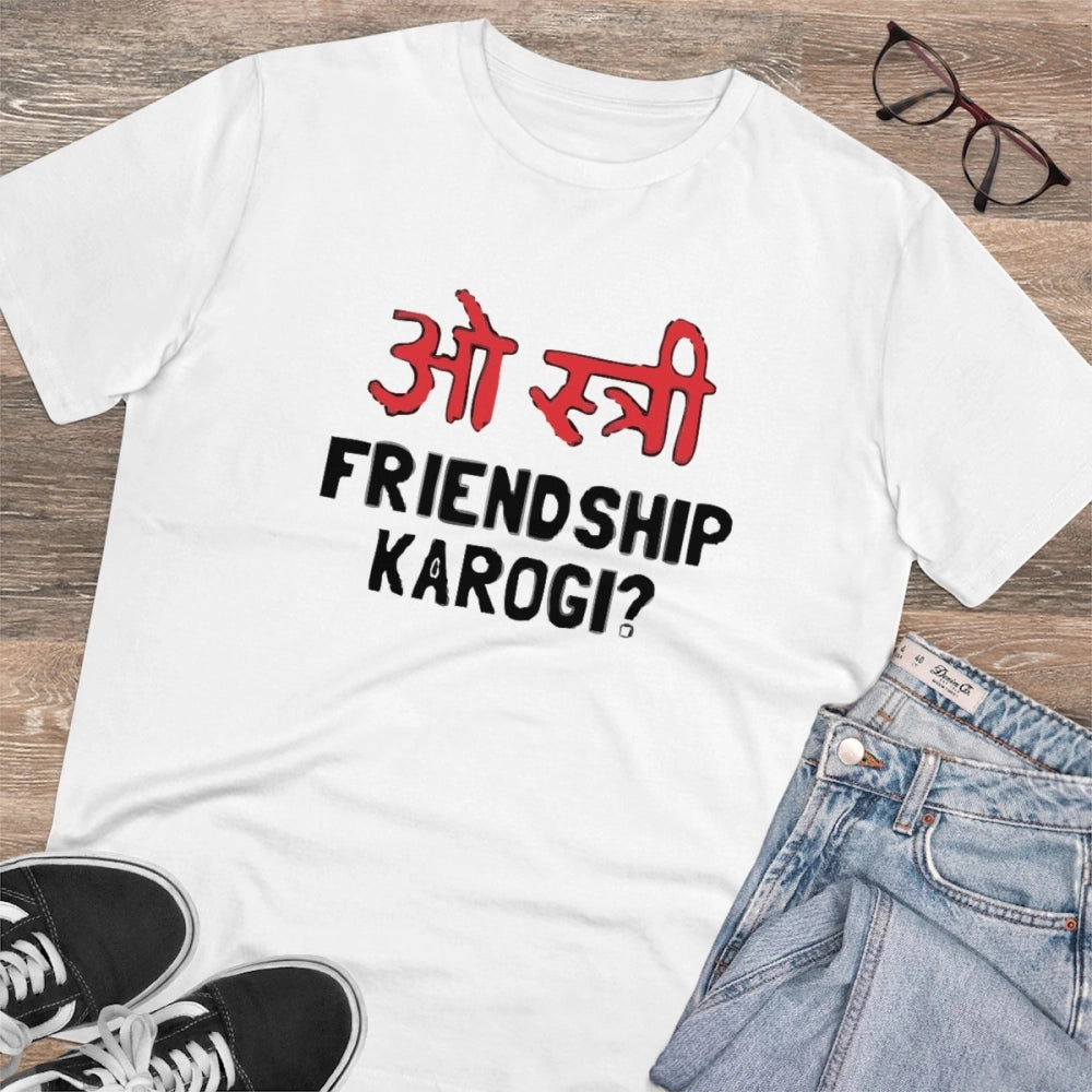 HamariDookan Men's PC Cotton Oo Shtree Friendship Karogi Kya Printed T Shirt (Color: White, Thread Count: 180GSM)