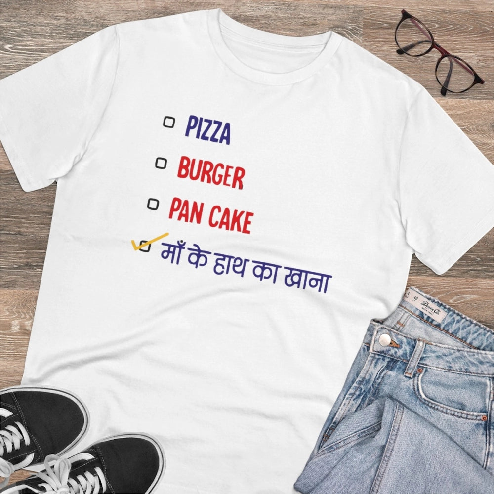 HamariDookan Men's PC Cotton Pizza Burger Pan Cake Maa Ke Hath Ka Khana Printed T Shirt (Color: White, Thread Count: 180GSM)