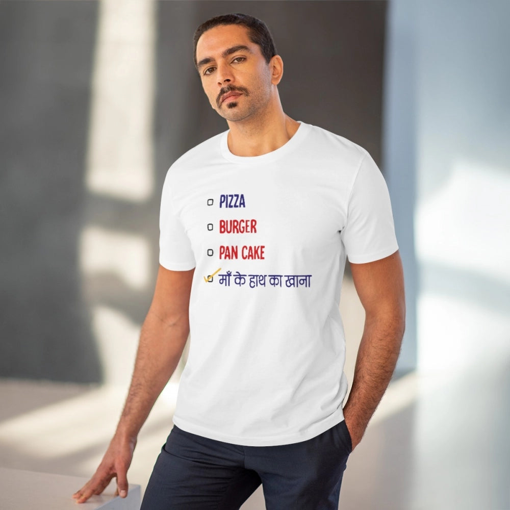 HamariDookan Men's PC Cotton Pizza Burger Pan Cake Maa Ke Hath Ka Khana Printed T Shirt (Color: White, Thread Count: 180GSM)
