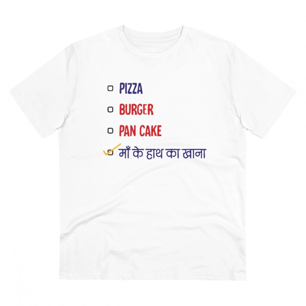 HamariDookan Men's PC Cotton Pizza Burger Pan Cake Maa Ke Hath Ka Khana Printed T Shirt (Color: White, Thread Count: 180GSM)