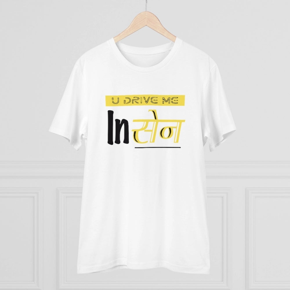 HamariDookan Men's PC Cotton U Drive Me In Sen Printed T Shirt (Color: White, Thread Count: 180GSM)