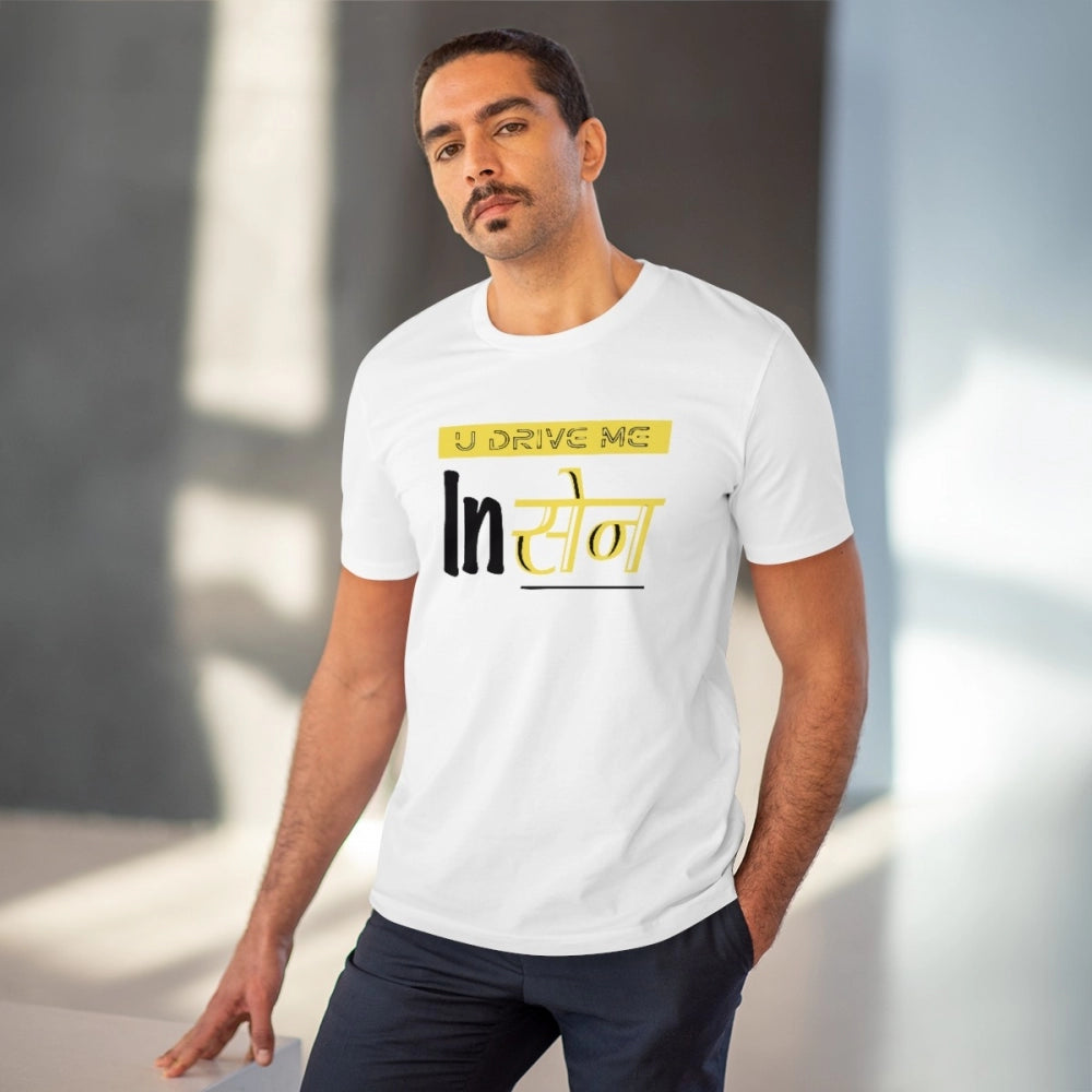 HamariDookan Men's PC Cotton U Drive Me In Sen Printed T Shirt (Color: White, Thread Count: 180GSM)
