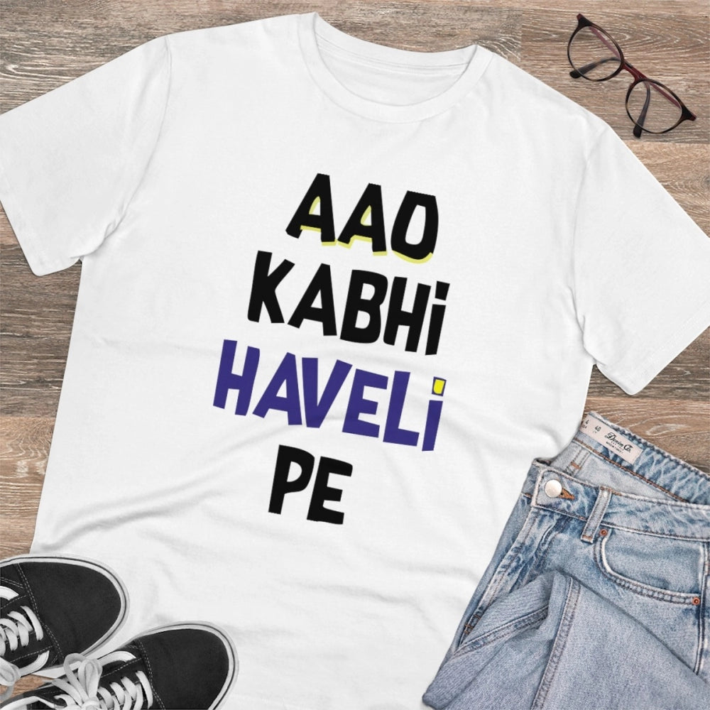 HamariDookan Men's PC Cotton Aao Kabhi Haveli Pe Printed T Shirt (Color: White, Thread Count: 180GSM)