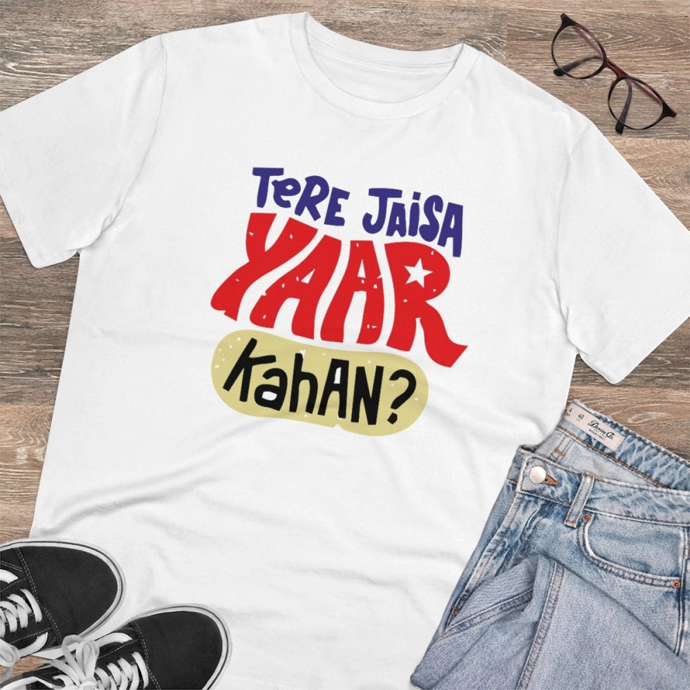 HamariDookan Men's PC Cotton Tere Jeisa Yaar Kaha Printed T Shirt (Color: White, Thread Count: 180GSM)