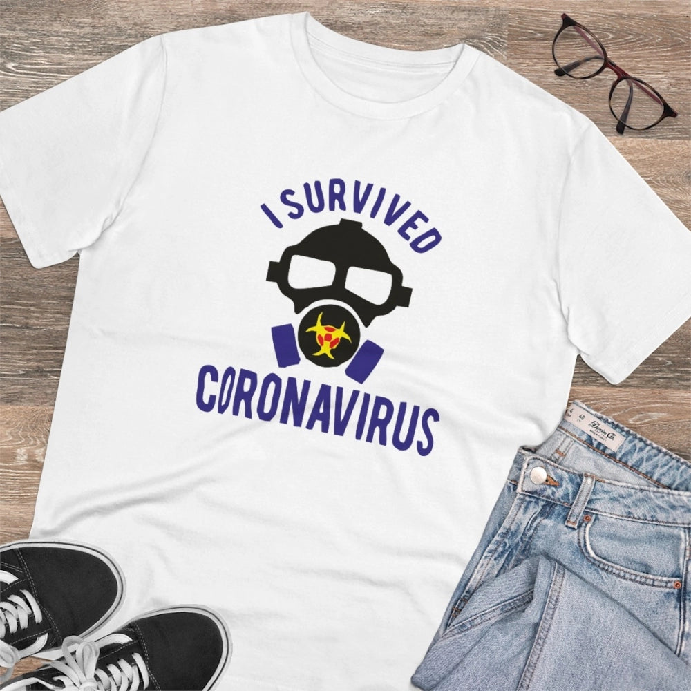 HamariDookan Men's PC Cotton I Survived Coronavirus Printed T Shirt (Color: White, Thread Count: 180GSM)