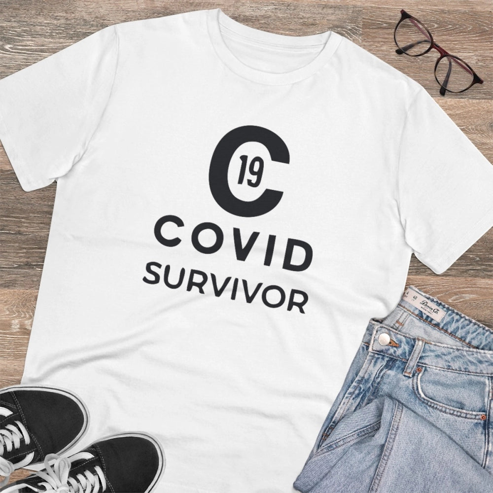 HamariDookan Men's PC Cotton Covid 19 Survivor Printed T Shirt (Color: White, Thread Count: 180GSM)