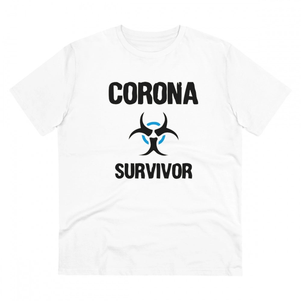 HamariDookan Men's PC Cotton Corona Survivor Printed T Shirt (Color: White, Thread Count: 180GSM)