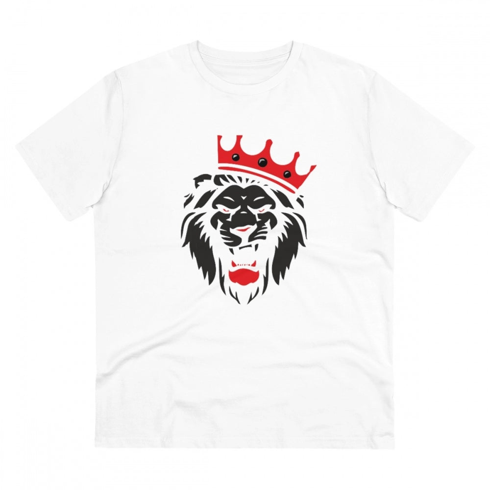 HamariDookan Men's PC Cotton Lion Logo Printed T Shirt (Color: White, Thread Count: 180GSM)