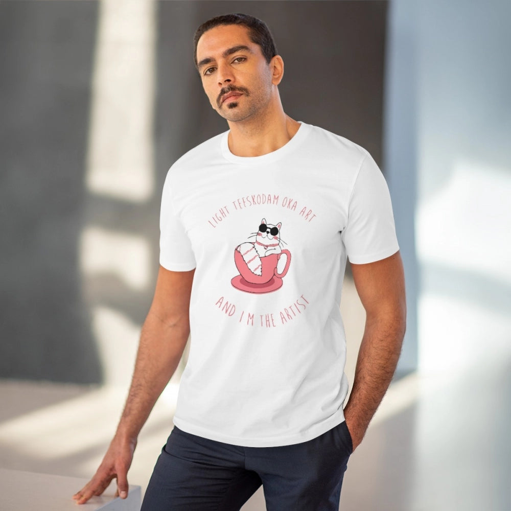 HamariDookan Men's PC Cotton Telugu Desing Printed T Shirt (Color: White, Thread Count: 180GSM)