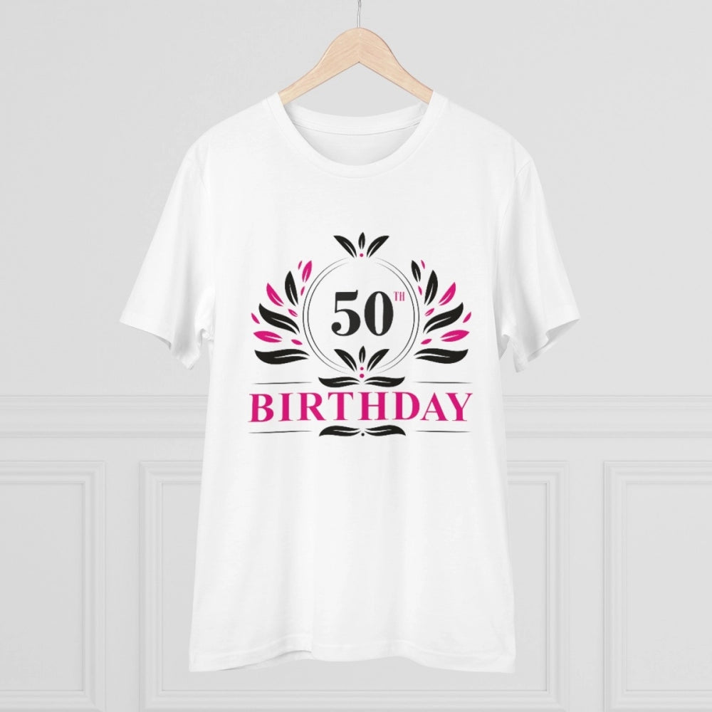 HamariDookan Men's PC Cotton 50th Birthday Printed T Shirt (Color: White, Thread Count: 180GSM)