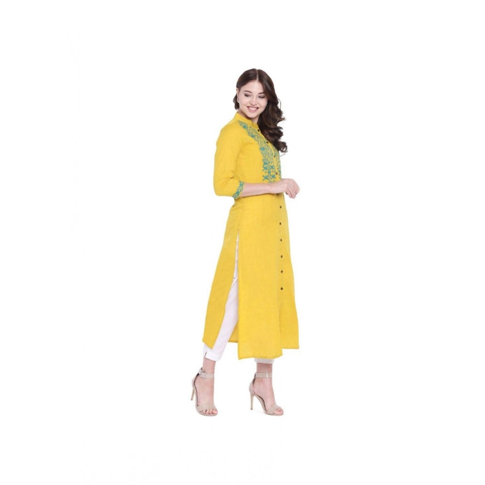 HD Women's Khadi Embroidered Kurti (Yellow, Khadi)