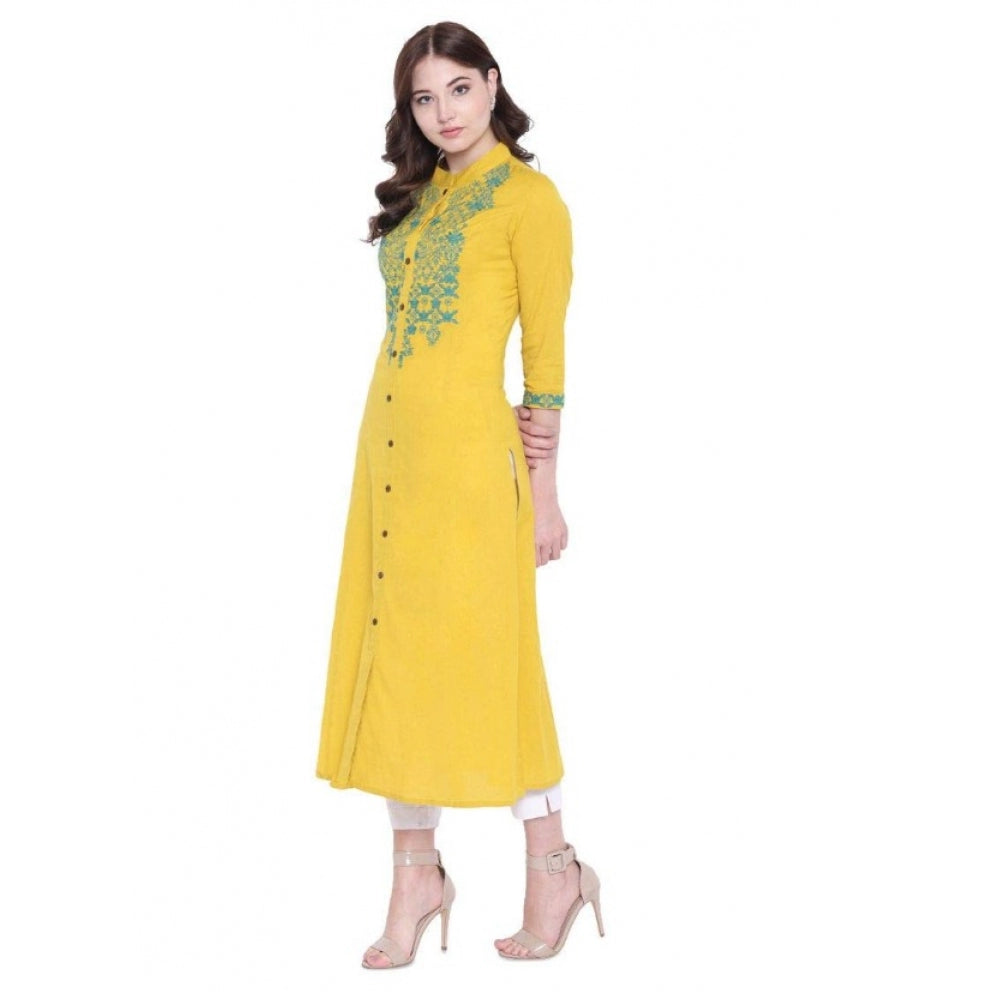 HD Women's Khadi Embroidered Kurti (Yellow, Khadi)
