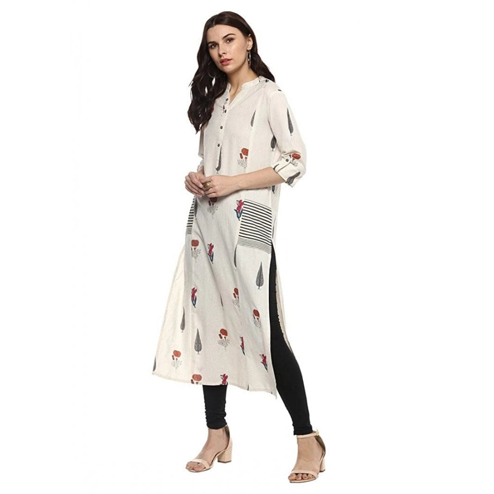 HD Women's Khadi Printed A Line Kurti (Off White, Khadi)