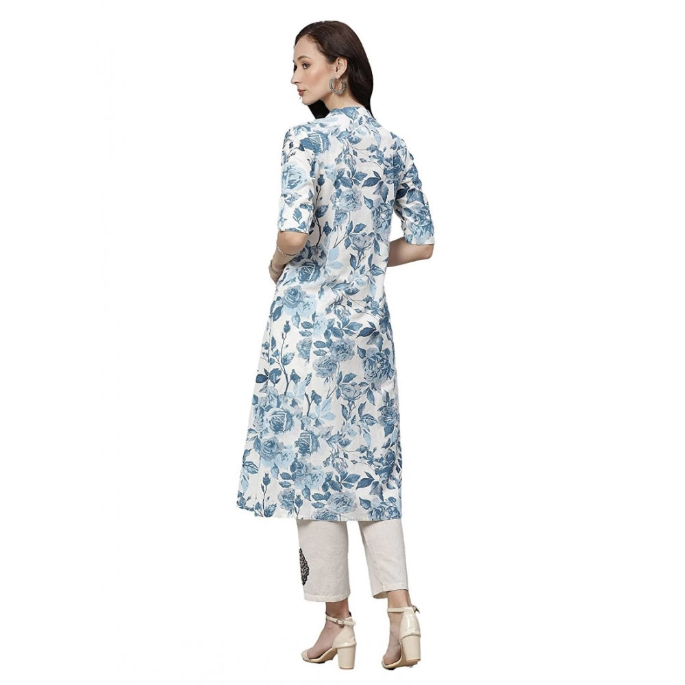 HD Women's Cotton Printed Floral Print Kurti (White, Blue, Cotton)